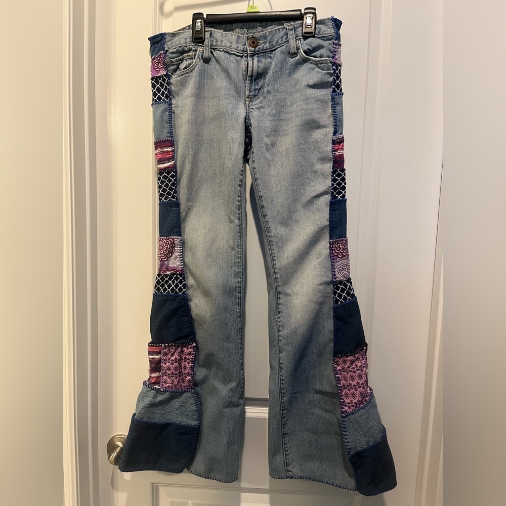 American Eagle Women’s Light Blue & Patchwork Low - Rise Flare Jeans Size 31 W